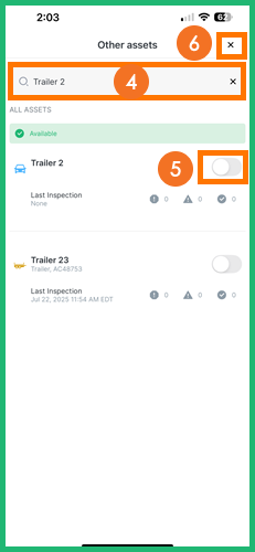 Inspect Module – Choose Unassigned Asset(s) to Inspect x3