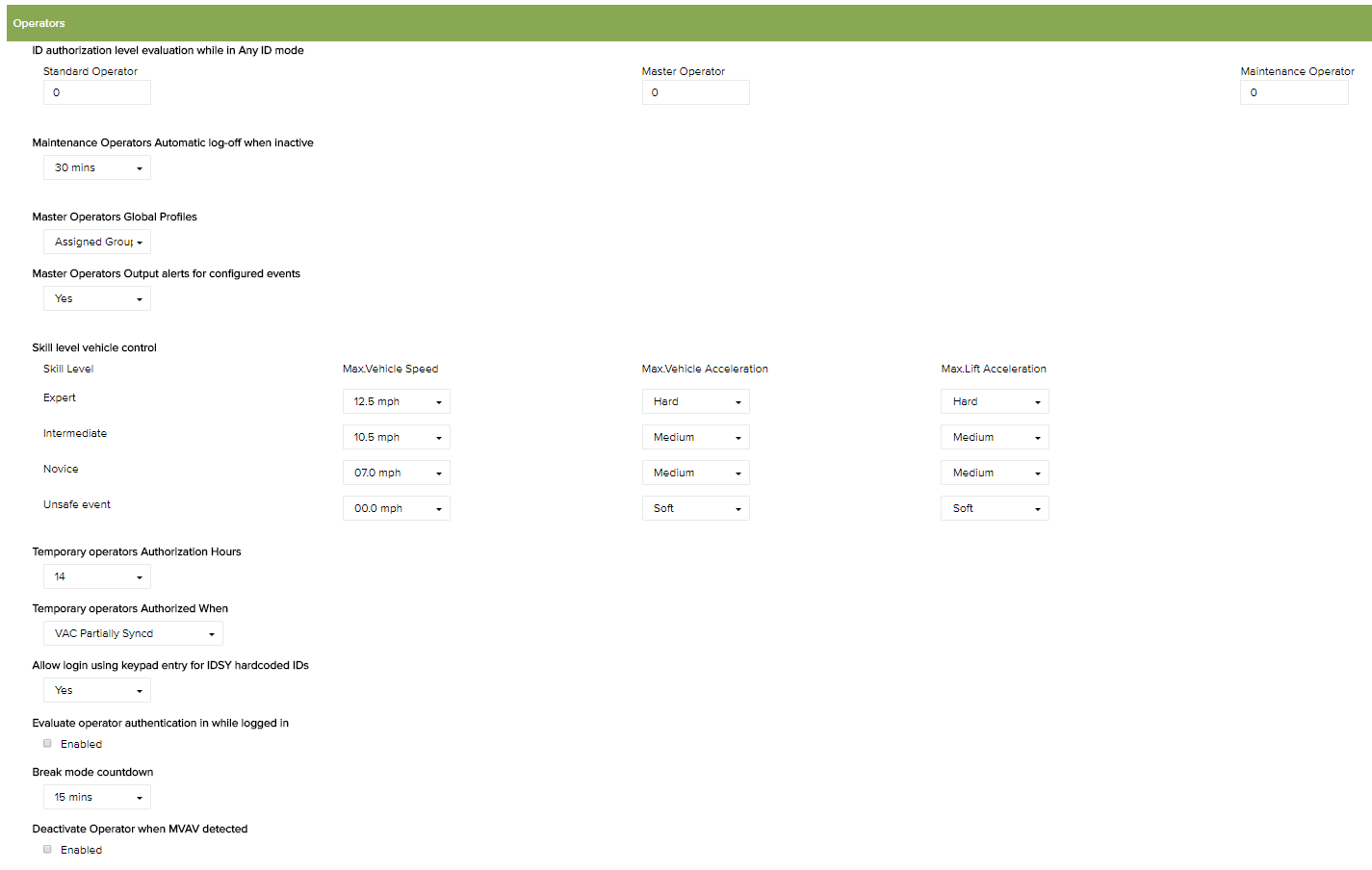 System Settings – Operators